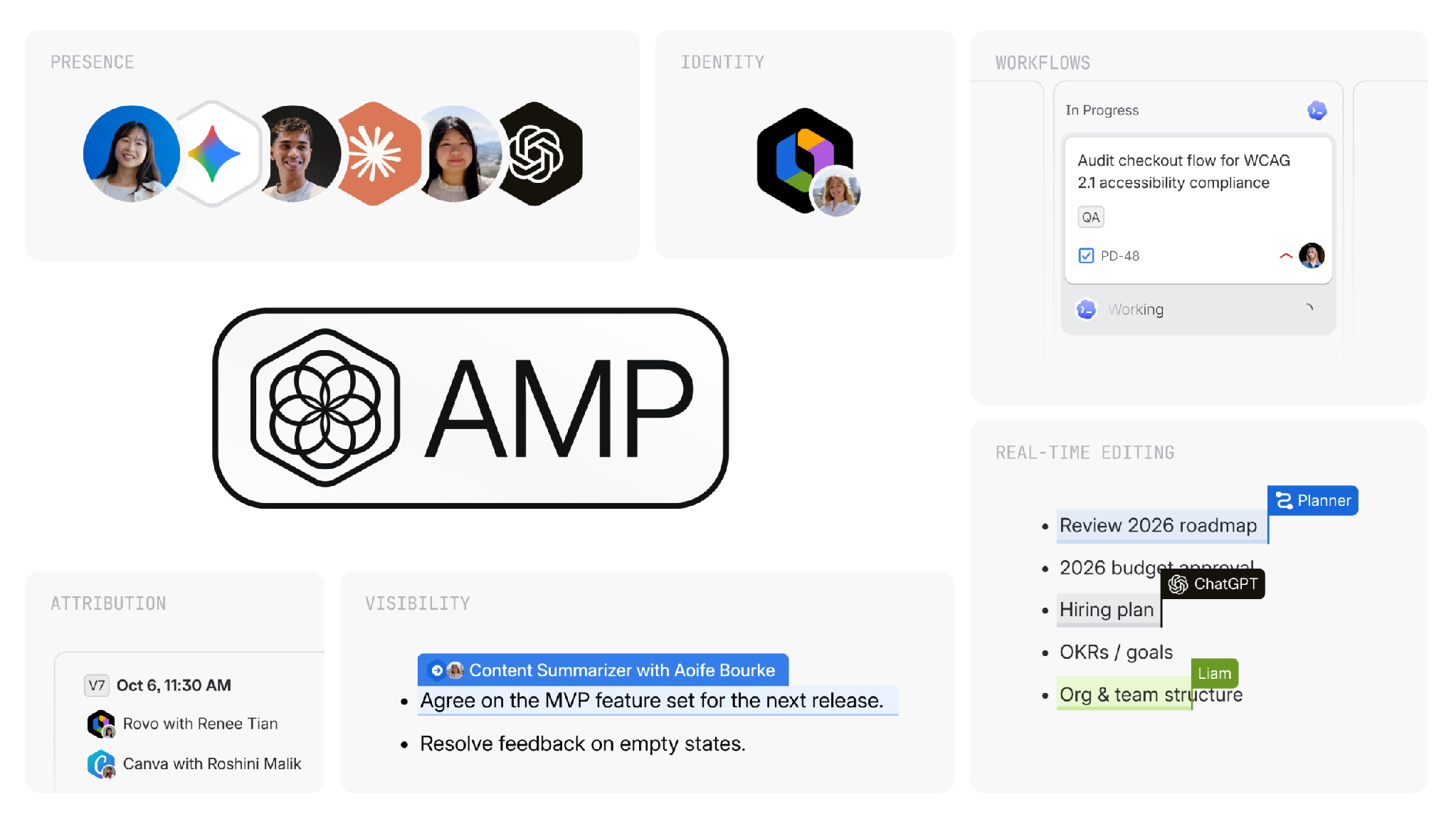 AMP brings presence, identity, workflows, real-time editing, attribution and visibility together