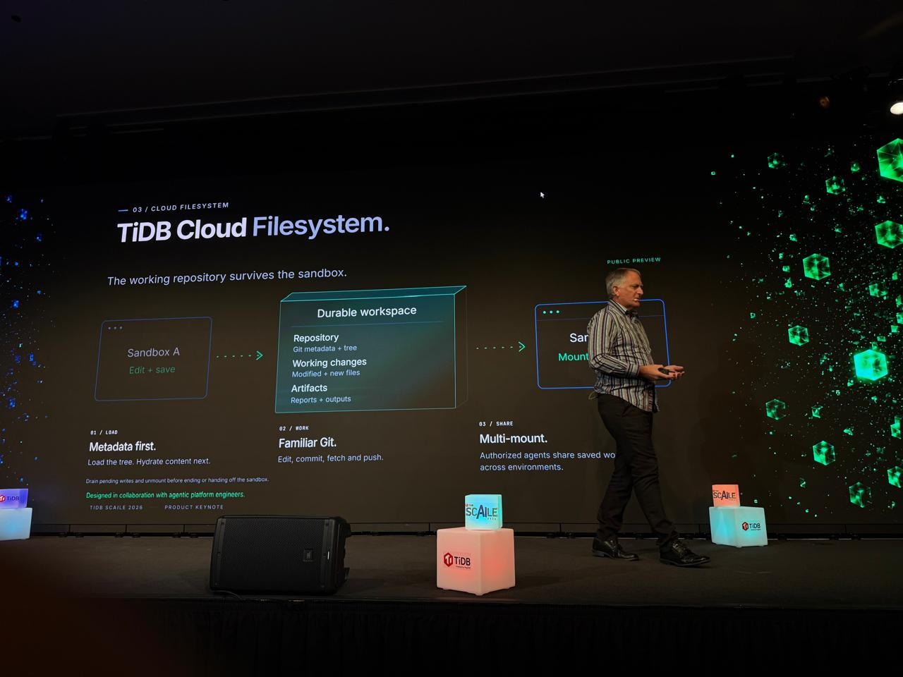 Slide: TiDB Cloud Filesystem. The working repository survives the sandbox.