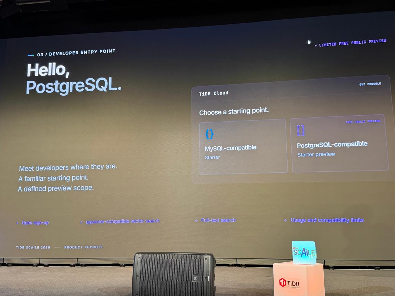Slide: Hello, PostgreSQL. Choose a starting point: MySQL-compatible or PostgreSQL-compatible Starter.