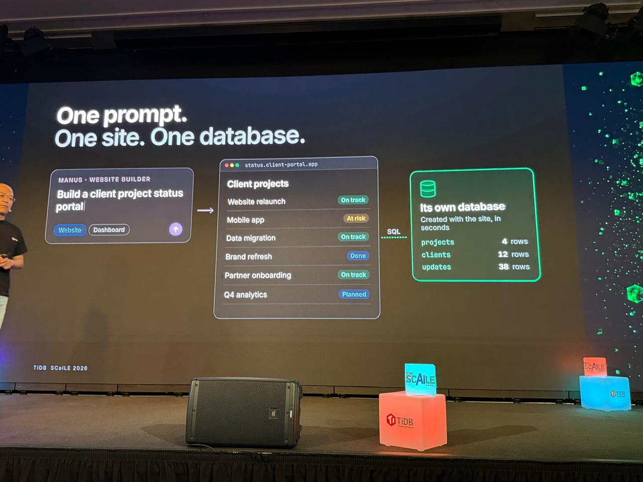 Slide: One prompt. One site. One database. Manus website builder demo.